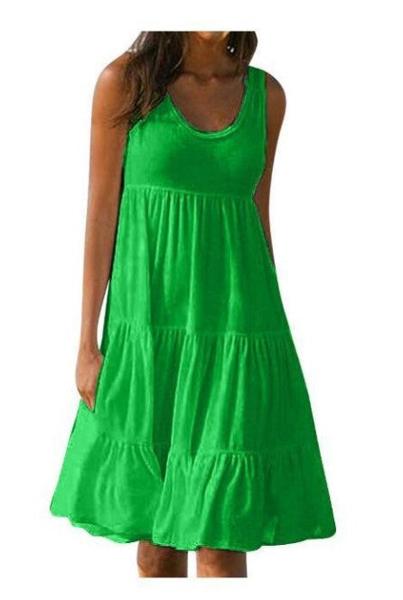 Tia - sleeveless round neck splicing large hem dress