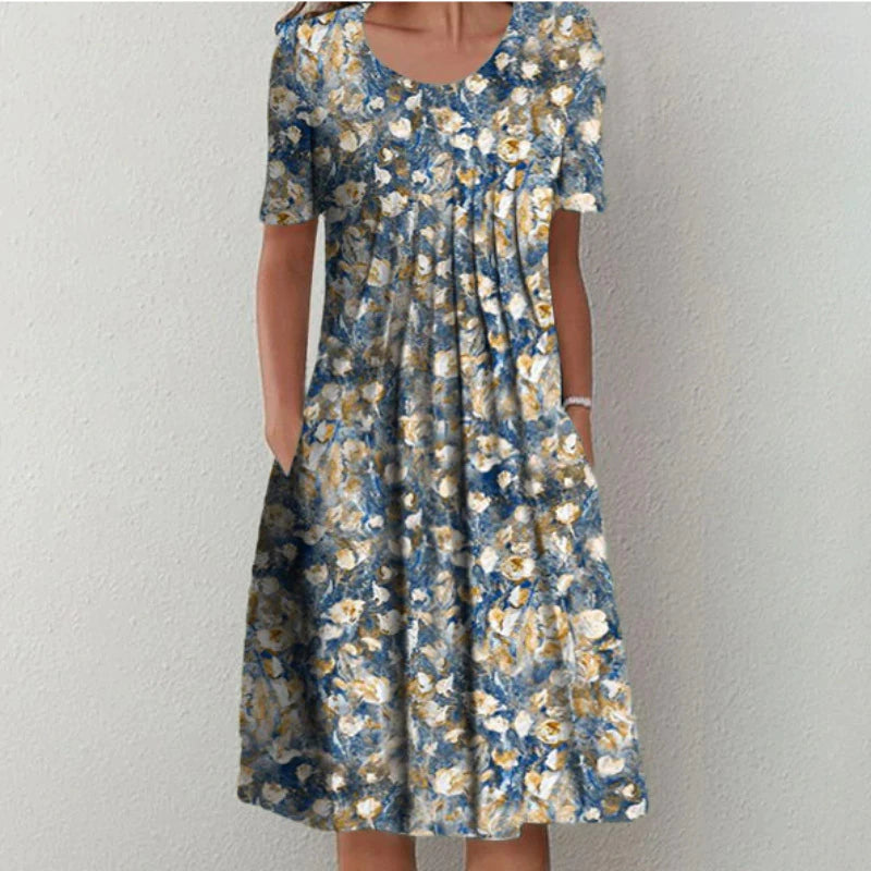 Ina - Pleated Midi Dress with Floral Print