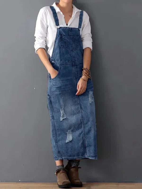 Lizz - Jean Slit Back Dungarees Dress